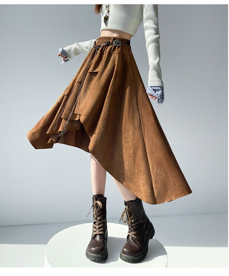 Caramel Suede Half-length Skirt Women's Autumn Winter New Irregular Belt Slim A- Line Midi Umbrella Skirt Comfortable Casual S .