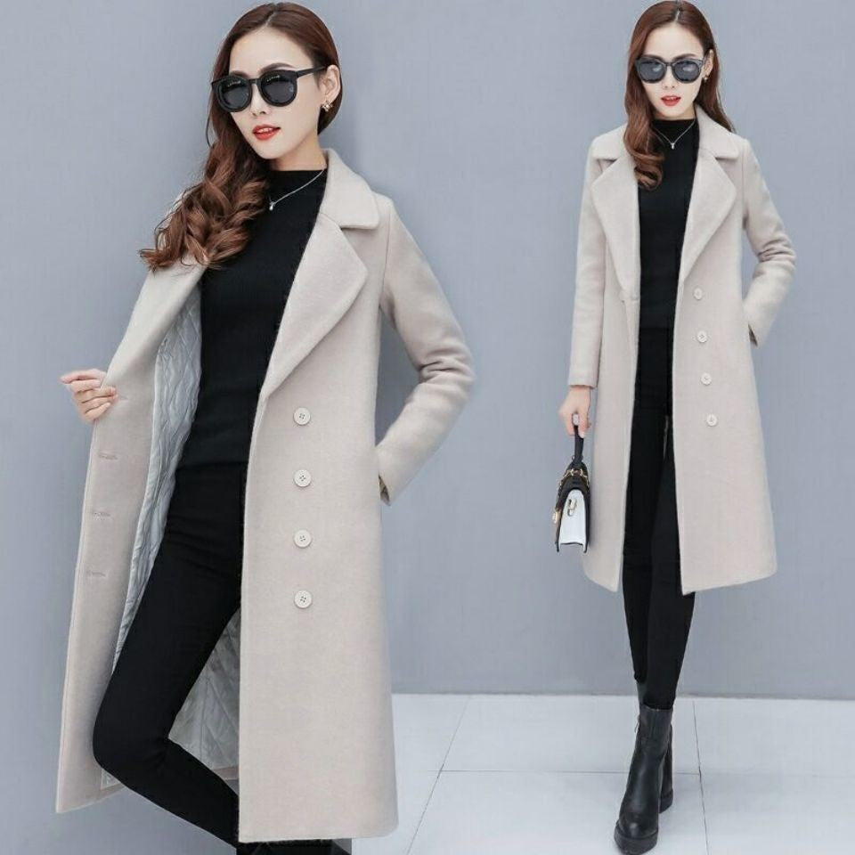 Medium-Length Women's Woolen Jacket Spring Autumn Winter Warm Simple Long Sleeve Overcoat Long Style For All Seasons