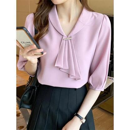 Women Summer Style Blouses Shirts Lady Office Wear OL Short Sleeve Bow Tie Collar Pink Blusas Tops