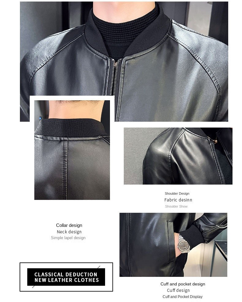 Men SprAutumn Thin Style Motorcycle Leather Jacket Fashionable Motorcycle Leather Jacket Fabric Soft Version Slim Simple Coat