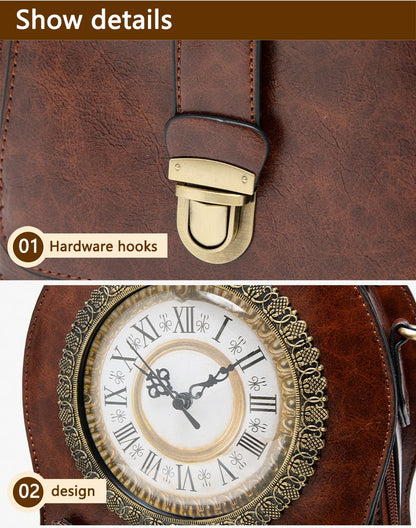 Vintage Clock Backpack, Clock-Style Fashion Shoulder Bag, Crossbody Backpack, Trendy Cool Clock Design, Large-Capacity Multifunctional Travel Bag, British Style Vertical Party Backpack, Waxed Leather Three-Dimensional Bag, Holiday Gift for Christmas