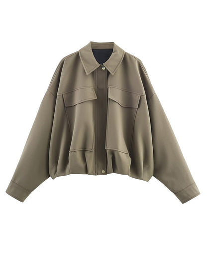 HH Woman Autumn Pleat Hem Pilot Jacket Solid Turn-Down Collar Zipper Single-Breasted Woman Fashion Long-Sleeved Pockets Coat