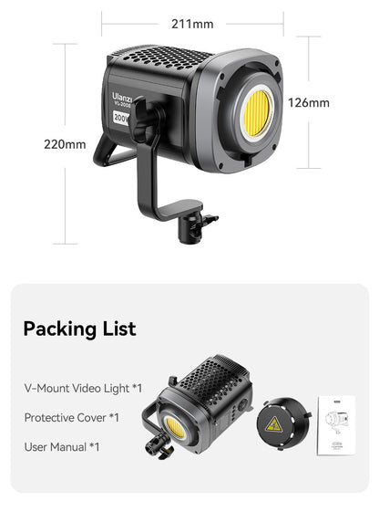 Ulanzi VL-200Bi 200W V-Mount Video Light with Wireless Control CRI 95+ 2700K-6500K CCT for Livestreaming Photography COB Light