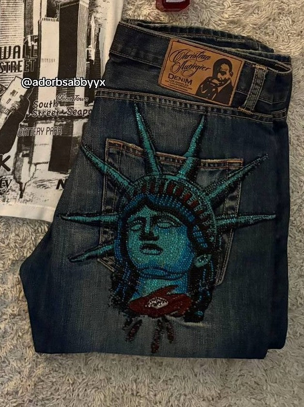 American Vintage 2000s Diamonds Jeans Y2k Statue of liberty Casual Denim Pants Low Waist Straight Wide Leg Jeans Women Clothing