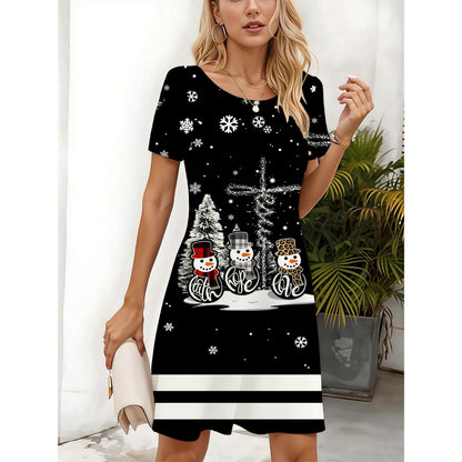 2025 New Snowman & Christmas Print Short Sleeve Dress Black with White Snowflakes & Red Hats Women's A-Line Dress Party Outfit