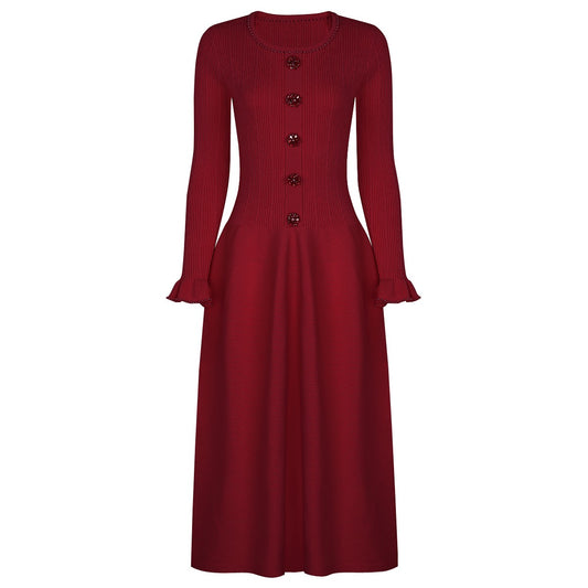 High Quality Spring And Autumn New Fashion Knitted Heavy Industry Pearl Slim Fit And Slimming Round Neck Long Sleeved Dress