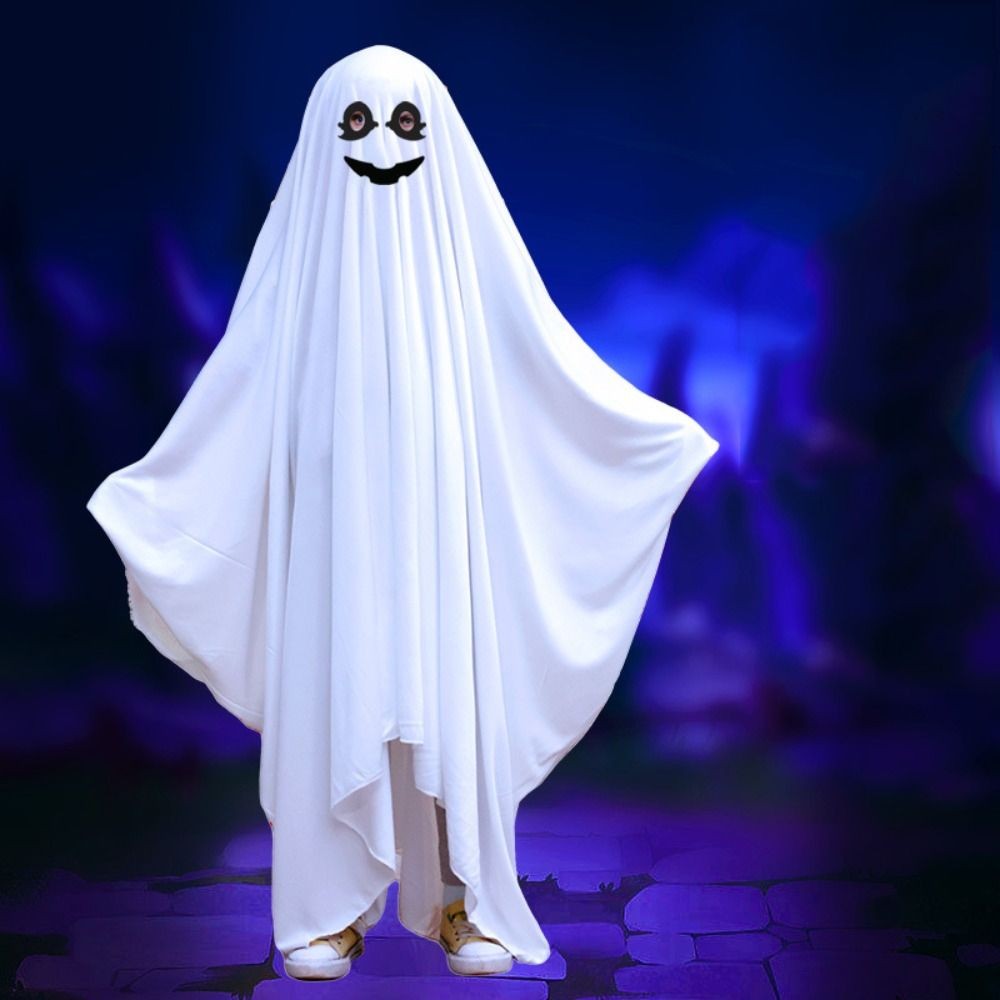 Hooded Halloween Cloak Cape Funny Cosplay Smile Face Ghost Poncho Robe Fright Clothes Black Eye Ghost Cosplay Costume