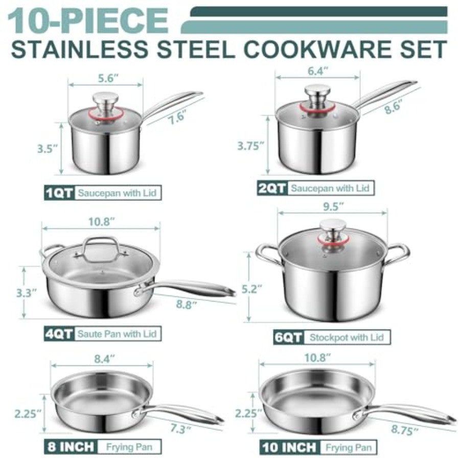 Conjunto de Panelas e Frigideiras de Aço Inoxidável 3 Camadas 10 Peças, Conjunto de Utensílios de Cozinha em Aço Inoxidável para Indução, Conjunto de Cozinha Não Tóxico