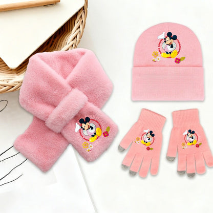 Disney Mickey Minnie 3 Peças Conjunto de Gorro Cachecol Luvas Quente e Macio para Meninas Crianças Moda Inverno Acessórios Casuais Presente de Aniversário Perfeito