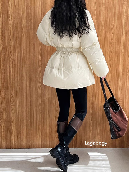 Lagabogy 2025 Winter Belt Waist-Tight Elegant Warm 90% White Duck Down Jacket Female Long Sleeve Solid Color V-neck Puffer Coat