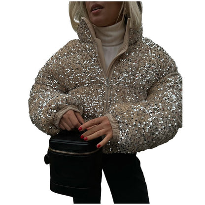 Sparkly Women's Sequin Puffer Jacket Oversize Cropped Stand Collar Zip-Up Party Coat Fashion High Street Female Winter Outerwear