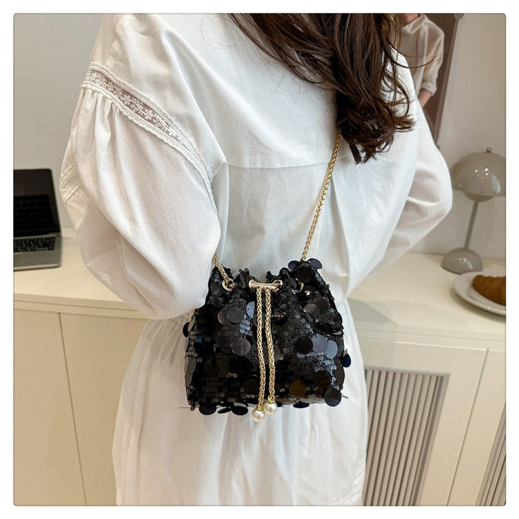 Sequin Chain Women's Portable Bucket Shoulder Bags Retro Ladies Dinner Party Clutch Purse Luxury Design Female Crossbody Bag