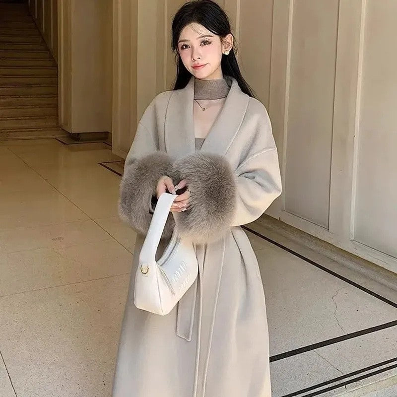Korean Style Temperament Fur Collar Fashion Women's Coat Medium To Long Simple Casual Woolen Coat Slimming Versatile Woolen Coat