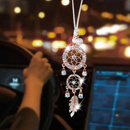 Shining Crystal Pearl Feather Dream Catcher Car Ornament – Elegant Hollow Metal w/ Sparkling Crystals Perfect Gift for Women