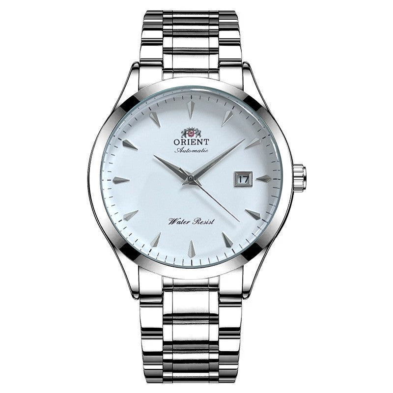 Orient Automático Masculino, Mostrador Preto, Pulseira de Aço Inoxidável, Relógio de Pulso Clássico de Negócios Resistente à Água com Exibição de Data