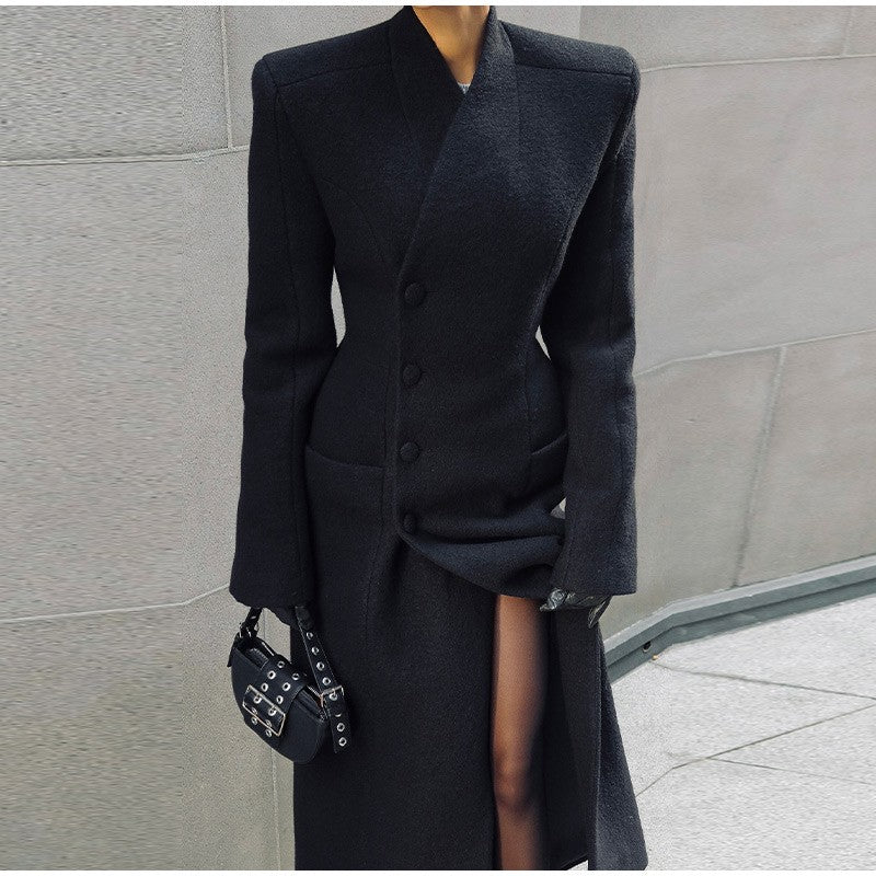 Black Tailored Long Coat Women Elegant Asymmetric Button Front Pockets Full Sleeve Criss-cross Neck Jacket 2025 Casual Outerwear