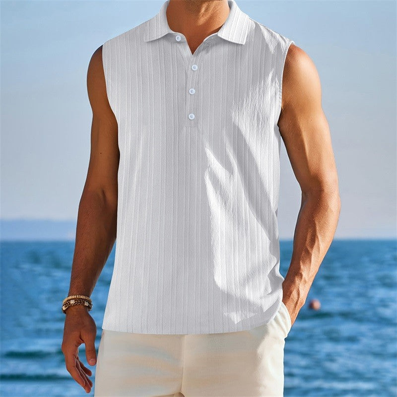 Men s Sleeveless Collared Tank Tops with Textured Stripes and Half Button-up Detail Solid Color Casual Shirts for Summer Wear