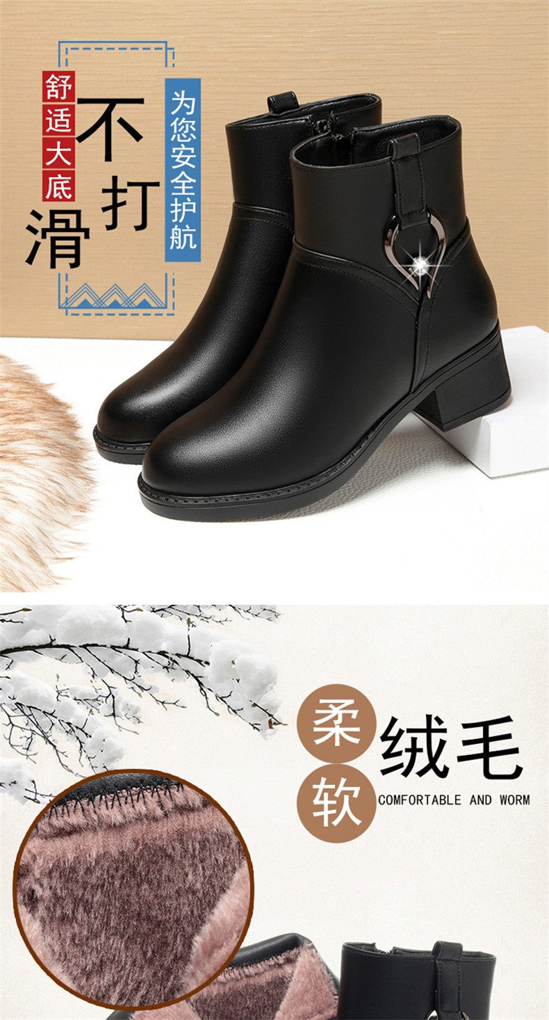 Women's Winter Waterproof Fashion Soft Leather Ankle Boots Mom Thick Plush Warm Cotton Shoes Thick Heel Platform Boots