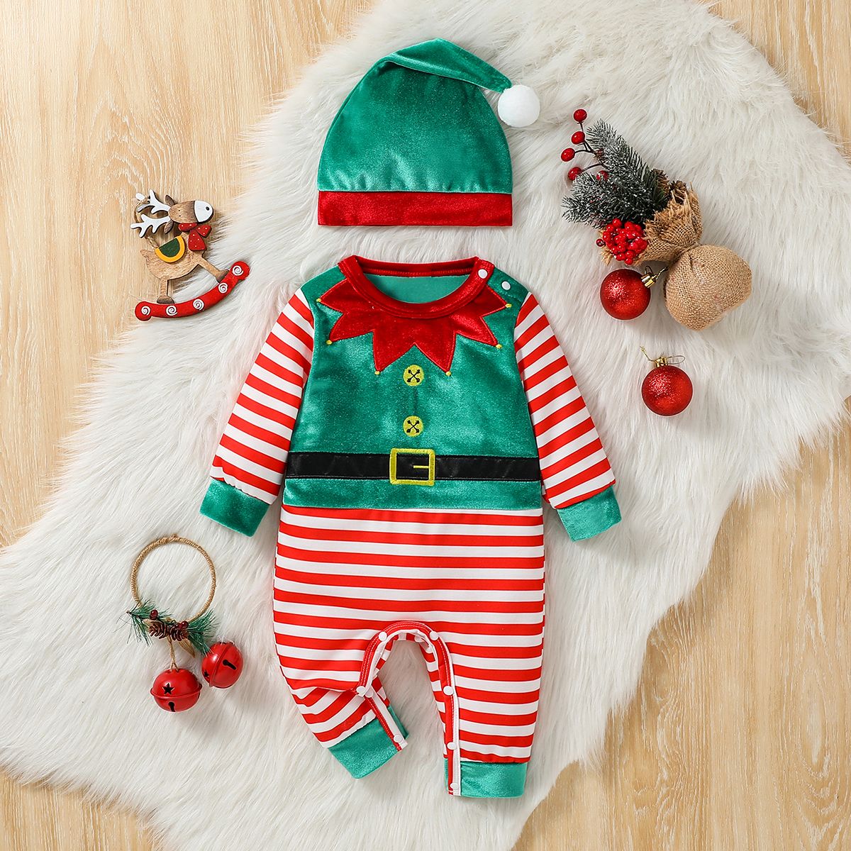 2Pcs Christmas Baby unisex Jumpsuit Newborn Cute  Striped Clothes Autumn Winter Boys Girls Round Neck Long Sleeve Bodysuit+Hat