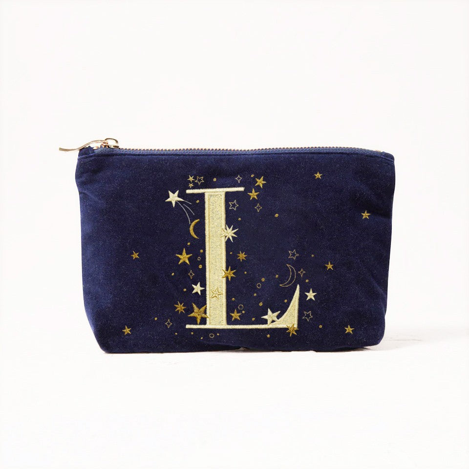 Alphabet Print Velvet Clutch Makeup Bag - Fashionable Cosmetic Pouch with Glittering Star Motif