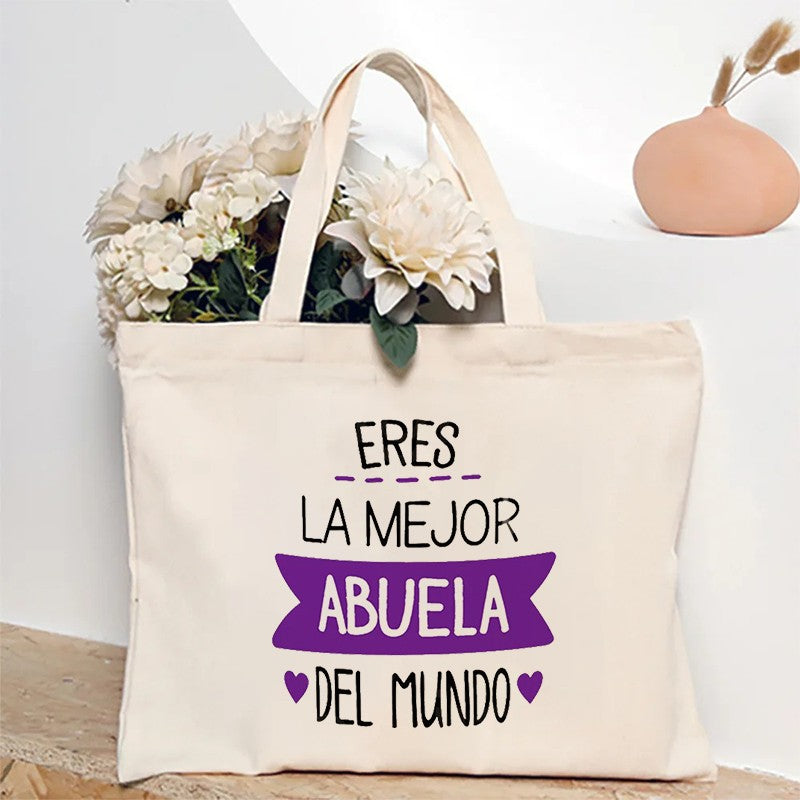 Spanish Abuela Quote Tote Bag Vibrant Shoulder Handbag with Heart Ribbon Design Perfect for Mother’s Day & Grandma Appreciation