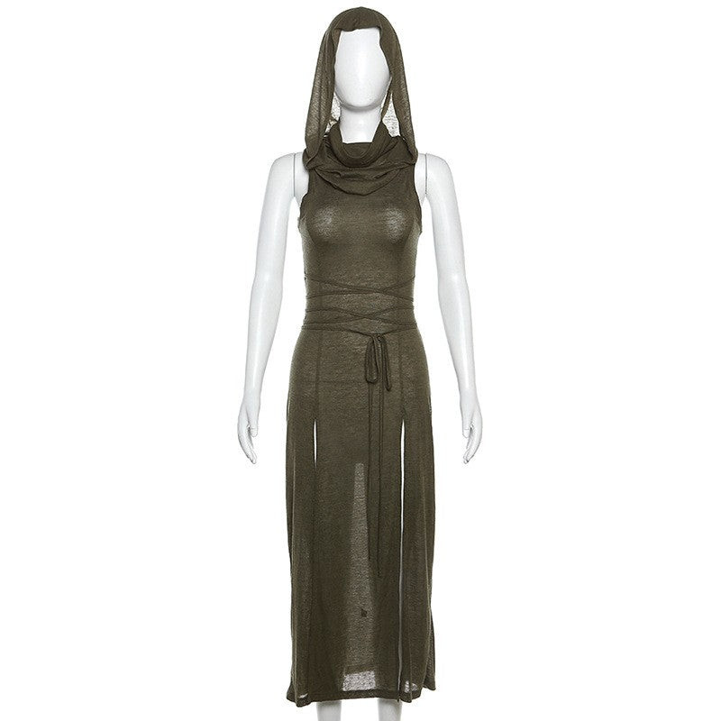 Goth Dark Cyber Gothic Desert Walker Hooded Dresses Y2k Punk Grunge Hollow Out M