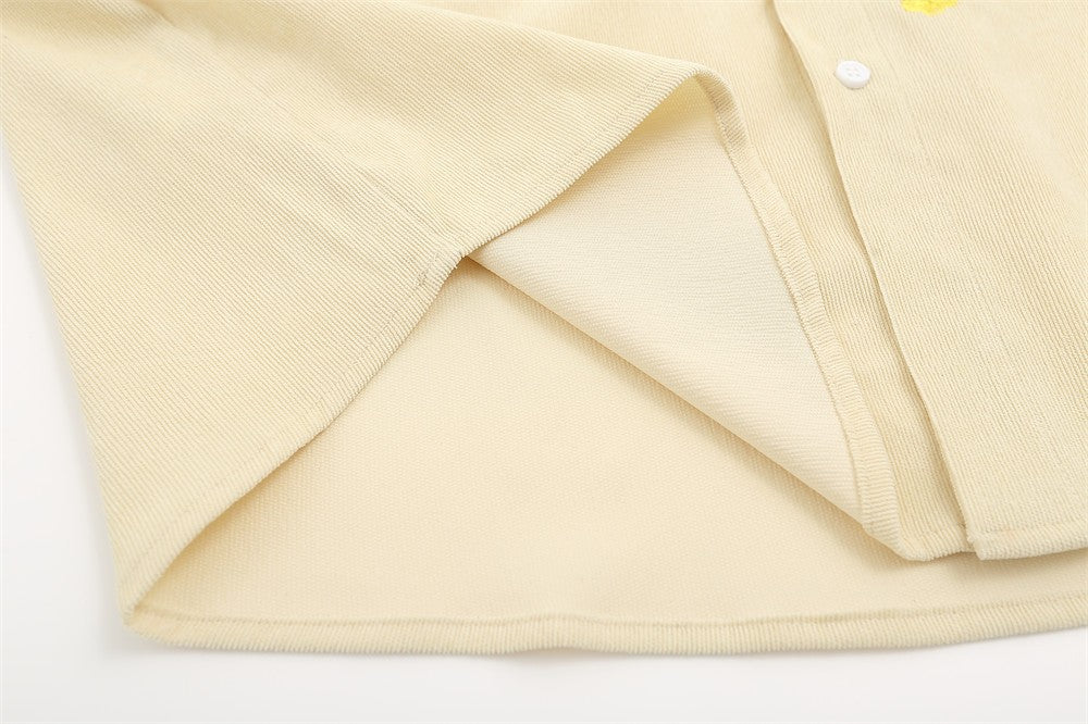 Cartoon Embroidery Cargo Shirts Mens Summer Retro Casual Streetwear Lapel Single Breasted Short Sleeve Shirts Men