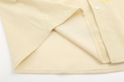 Cartoon Embroidery Cargo Shirts Mens Summer Retro Casual Streetwear Lapel Single Breasted Short Sleeve Shirts Men