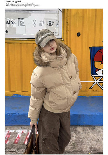 South District Fiona Women's Winter Jacket Navy Blue Cotton Short down Coat with Detachable Hood And Fur Collar