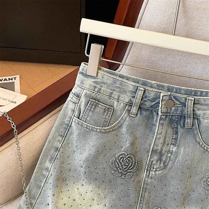 Bright Line Decoration Embroidered Diamonds Denim Short Skirt Female 2025 Spring Summer New Trend Sexy Buttons A-line Skirt