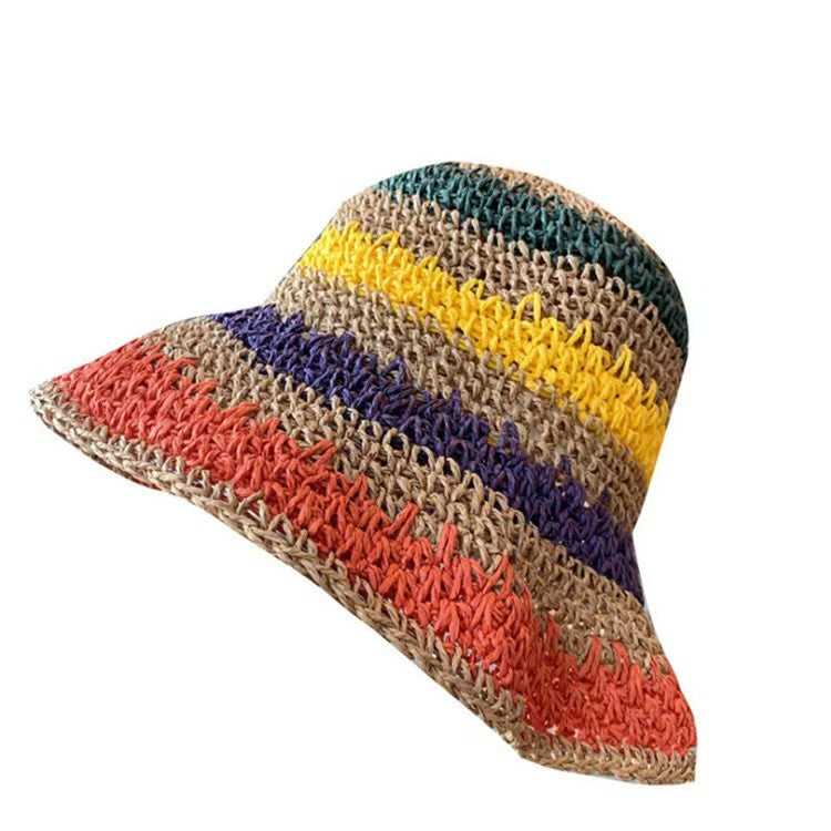 Rainbow Straw Hat Woman Summer Sun Visor Handmade Crochet Big Brim Bucket Hat Ladies Beach Sun Cap Boho Lady Girls Fashion Caps