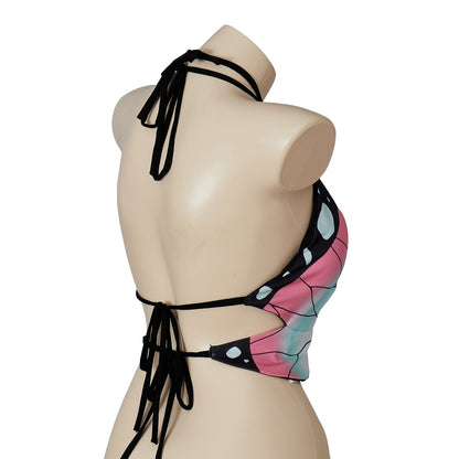 Kochou Shinobu Cosplay Costume Bustier Top Sexy Halter Neck Bikini Underwear Bathing Suit Swimsuit Halloween Beach Swimwear