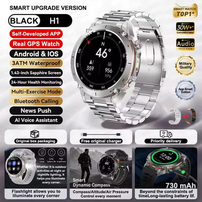 Smartwatch GUHUAVMI IOS Ultra GPS 2025 Novo à prova d'água 10ATM Bússola GNSS de banda dupla integrada Esportivo Militar Masculino Pulseira para NATAÇÃO