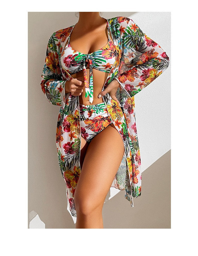 Bohemian Print Sexy Women's Beach Bikinis Three Pieces Bikini Set Cover Up Swimwear High Waisted Bikini Set Women Swimsuit 2025