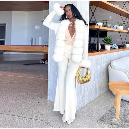 Elegant Knitted Faux Fur Patchwork Women's Coat Thicken Lady Coats 2025 Autumn Winter Chic Female Street Warm Outerwears