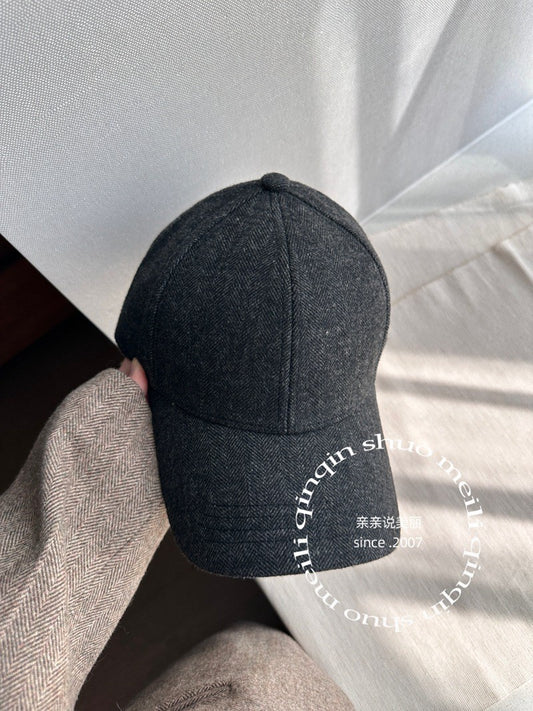 Stylish Wool Herringbone Baseball Cap for Men & Women, Thick Hard Top, Small Face