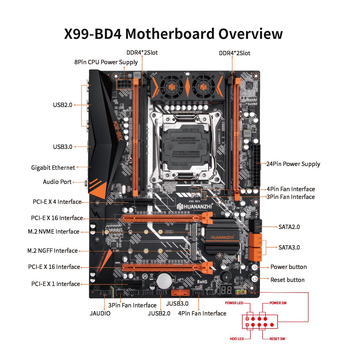 Placa-mãe HUANANZHI X99 BD4 LGA 2011-3 XEON X99 suporta Intel E5 2640 2666 2670 2696 2678 V3 V4 DDR4 RECC NON-ECC NVME NGFF