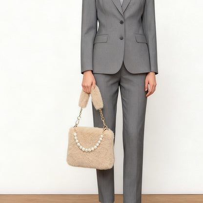 Fashionable Pearl Rabbit Fur Velvet Handbag Women's Crossbody Bag Chain Design Autumn Winter Small Versatile Bag Elegant