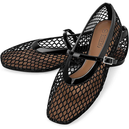 Women‘s Mesh Ballet Flats Comfortable Square Toe Ballerina Flats Buckle Strap Casual Fishnet Flat Shoes