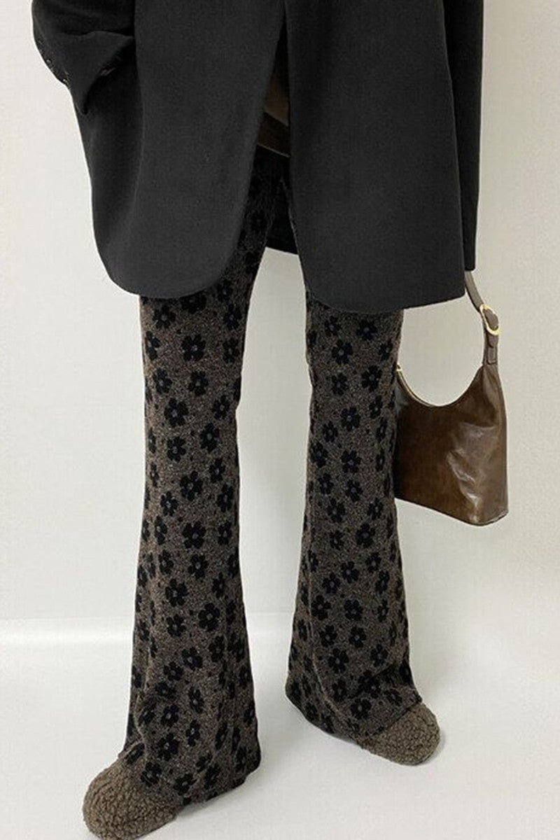 East Gate 2025 Autumn Winter New Sle Retro Print Small Flower Tight Elastic Waist Flared Pants Women Casual Long Pants