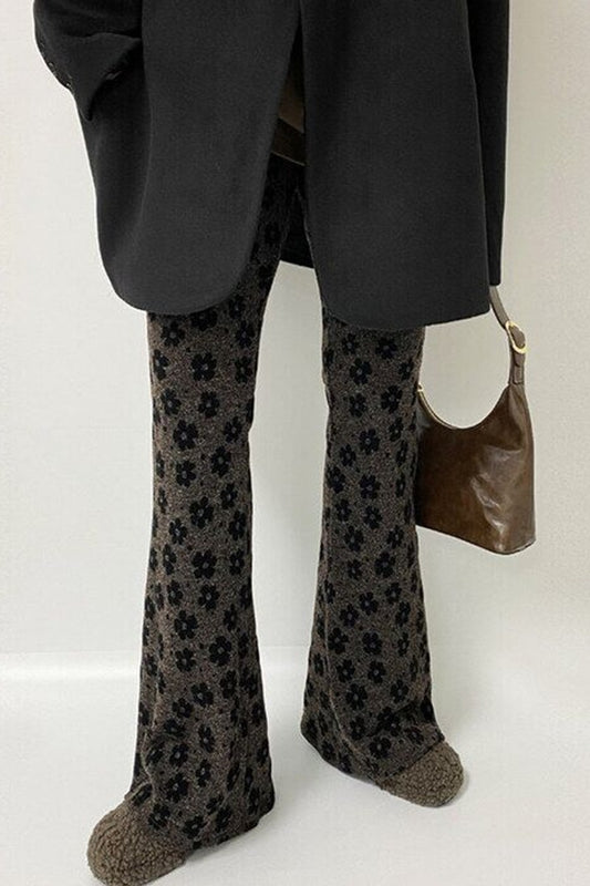 East Gate 2025 Autumn Winter New Sle Retro Print Small Flower Tight Elastic Waist Flared Pants Women Casual Long Pants