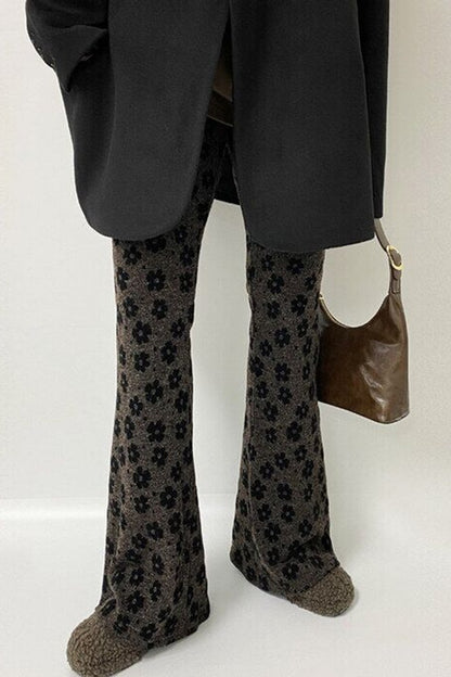 East Gate 2025 Autumn Winter New Sle Retro Print Small Flower Tight Elastic Waist Flared Pants Women Casual Long Pants