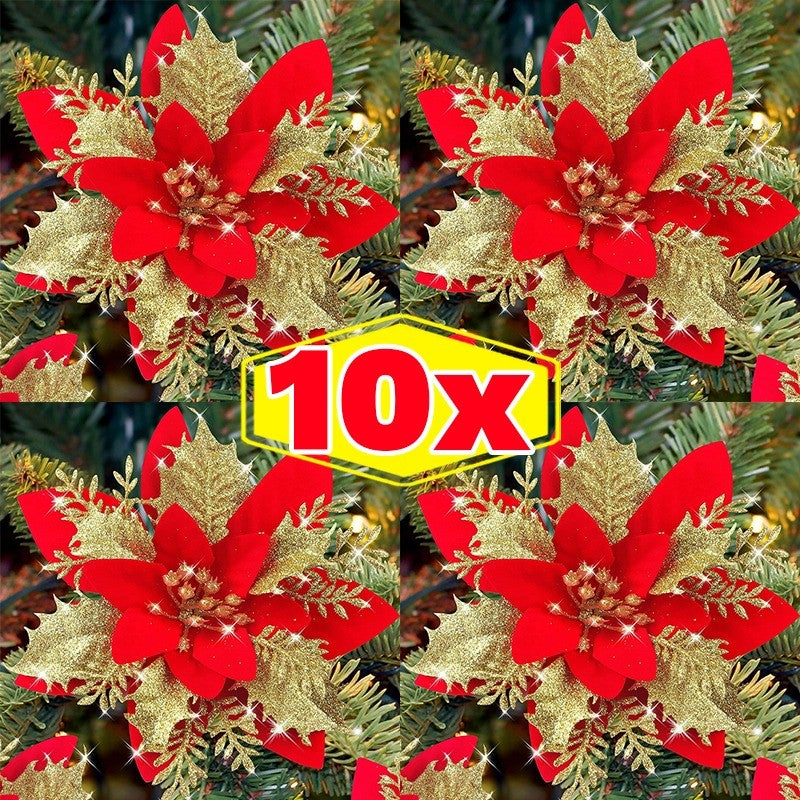 10PCS Glitter Artificial Christmas Flowers for Xmas Tree Ornament Fake Flower Floral with Clips New Year Party Home Decoration