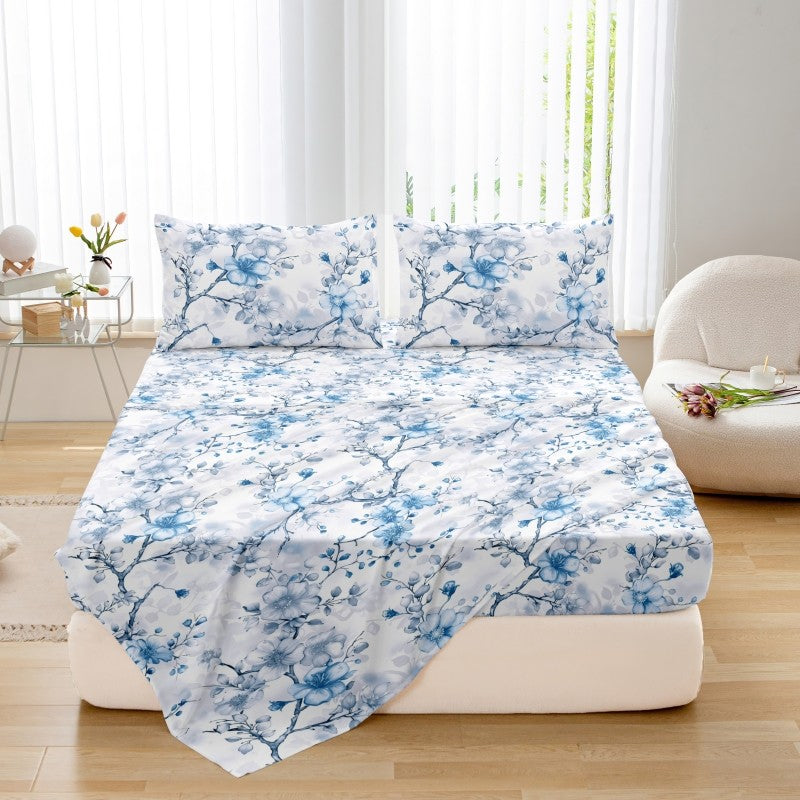 Conjunto de 3 peças de lençol de cama ajustável e fronhas em microfibra, estampado, toque macio, respirável, para cama queen size, capa de colchão