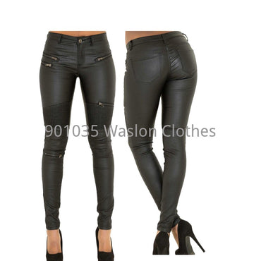 Faux Leather Coated Moto Pants for Women Sexy Tight Stretchy Rider Leggings Black Rock Steampunk Party Costume