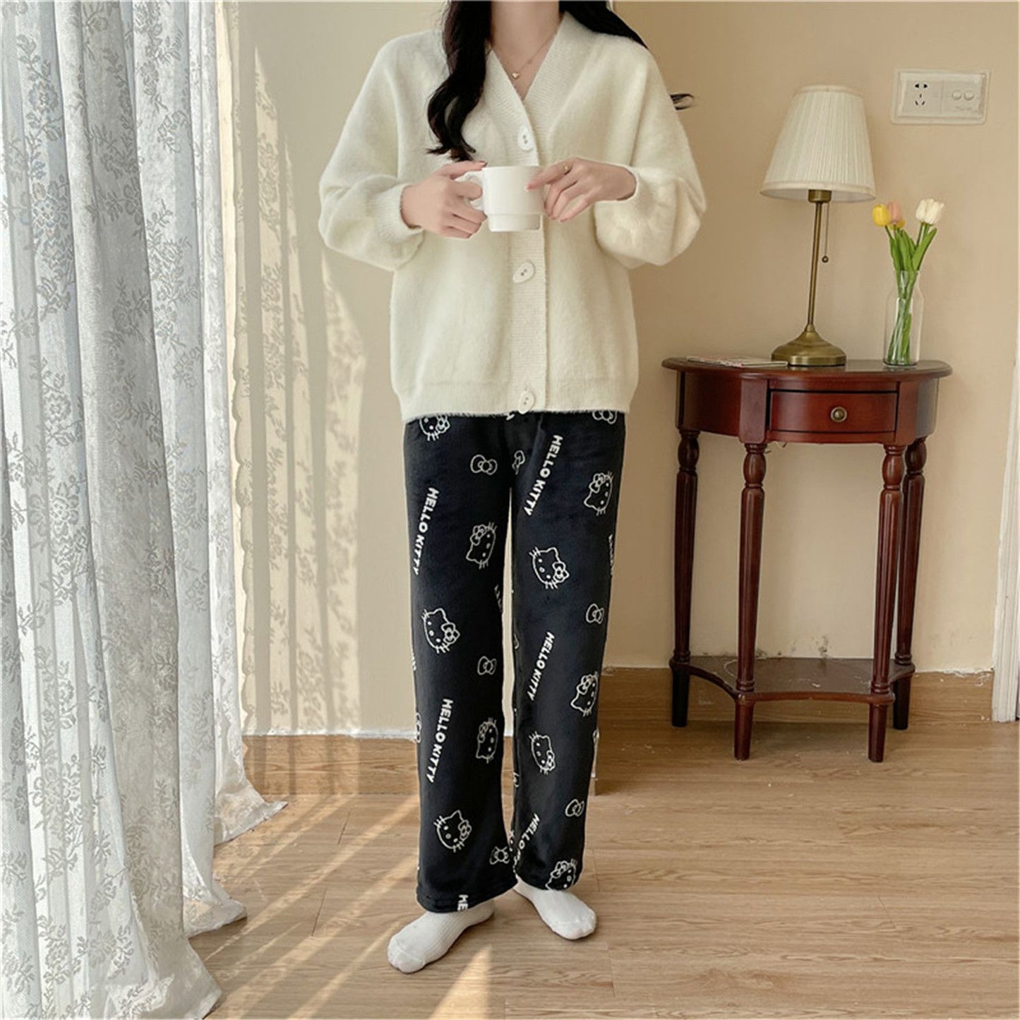 Anime Stitch Plush Pajama Pants Sanrio Kawaii Hello Kitty Cute Women Winter Warm Student Sleeping Pants Loose Casual Home Pants