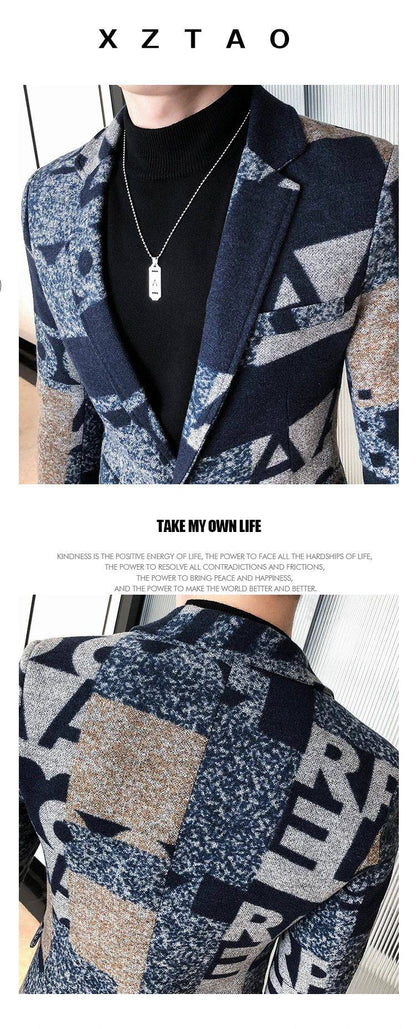 Men's New Suit Jacket Autumn and Winter Men's Letter Printed Suit Jacket Slim Lapel Comfortable Suit Jacket Fashion Woolenjacket