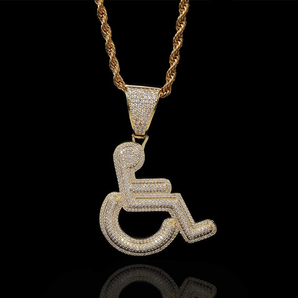 Iced out Copper Zircon Charm Pendant Men Women Hip Hop Jewelry Wheelchair Logo Personality Pendant Necklace Bling
