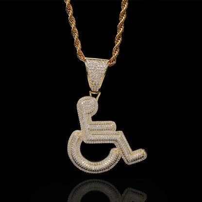 Iced out Copper Zircon Charm Pendant Men Women Hip Hop Jewelry Wheelchair Logo Personality Pendant Necklace Bling