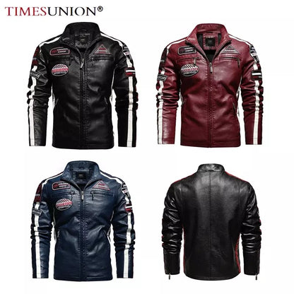 Vintage Motorcycle Jacket Men Fashion New Biker Leather Jacket Male Embroidery Bomber Coat Winter Fleece Pu Overcoat